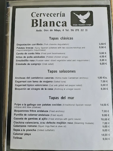 Carta de Cervecería Blanca